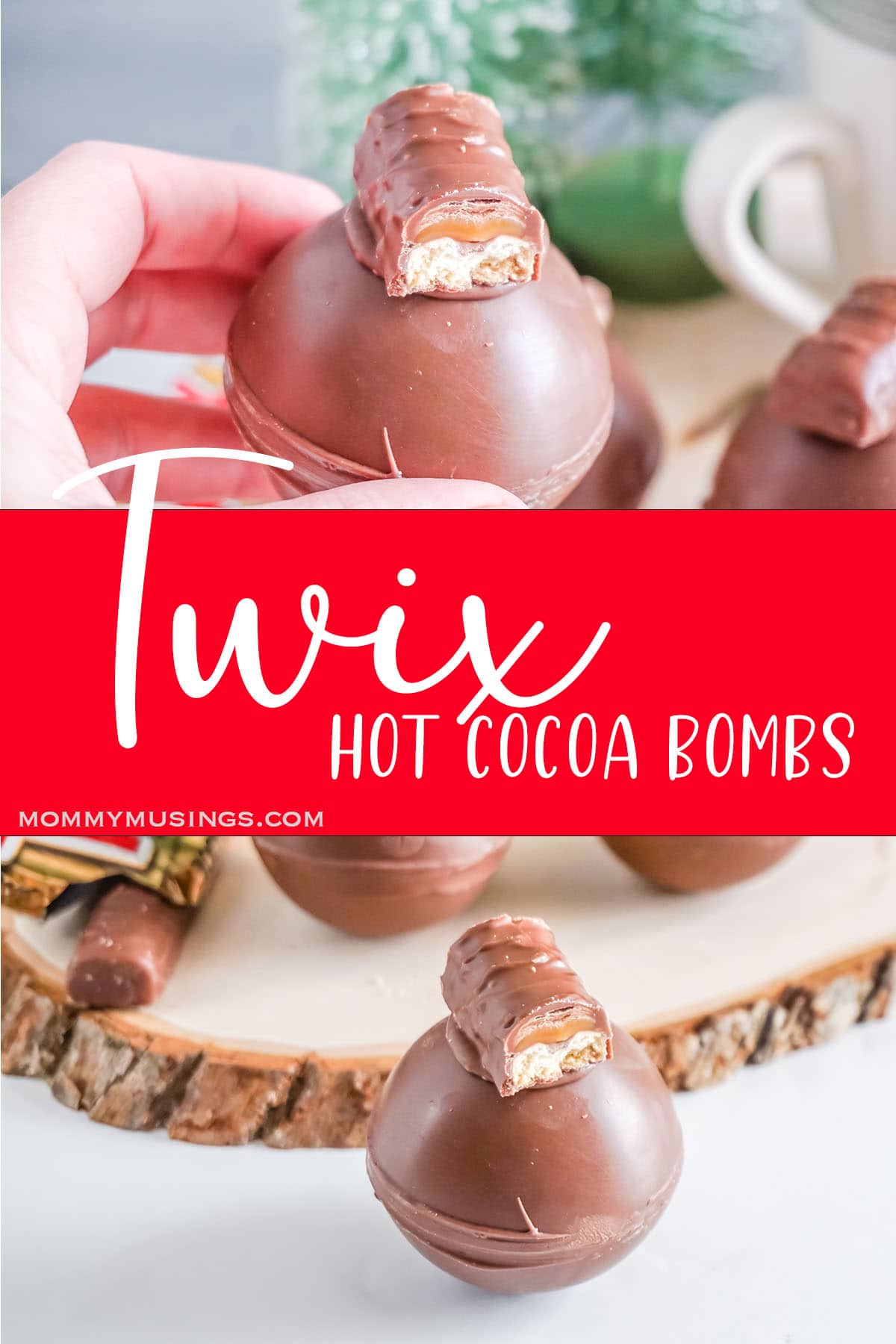 photo collage of easy diy hot cocoa bombs with candy on top with text which reads twix hot cocoa bombs