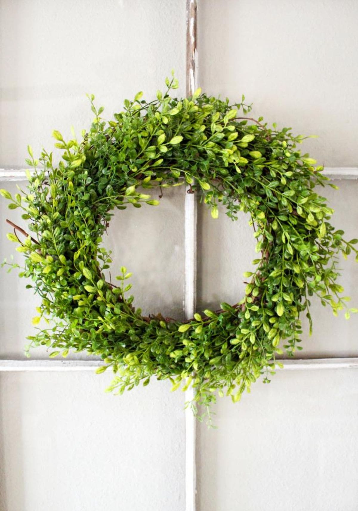 a wreath of green foliage hangs on a white batten wall