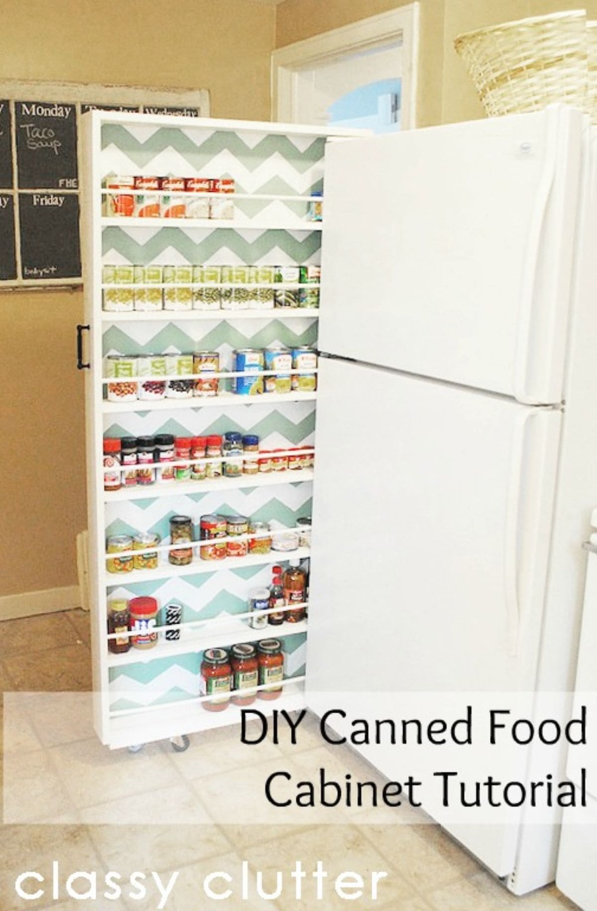 A pull-out shallow cabinet with many shelves containing spices and condiments.