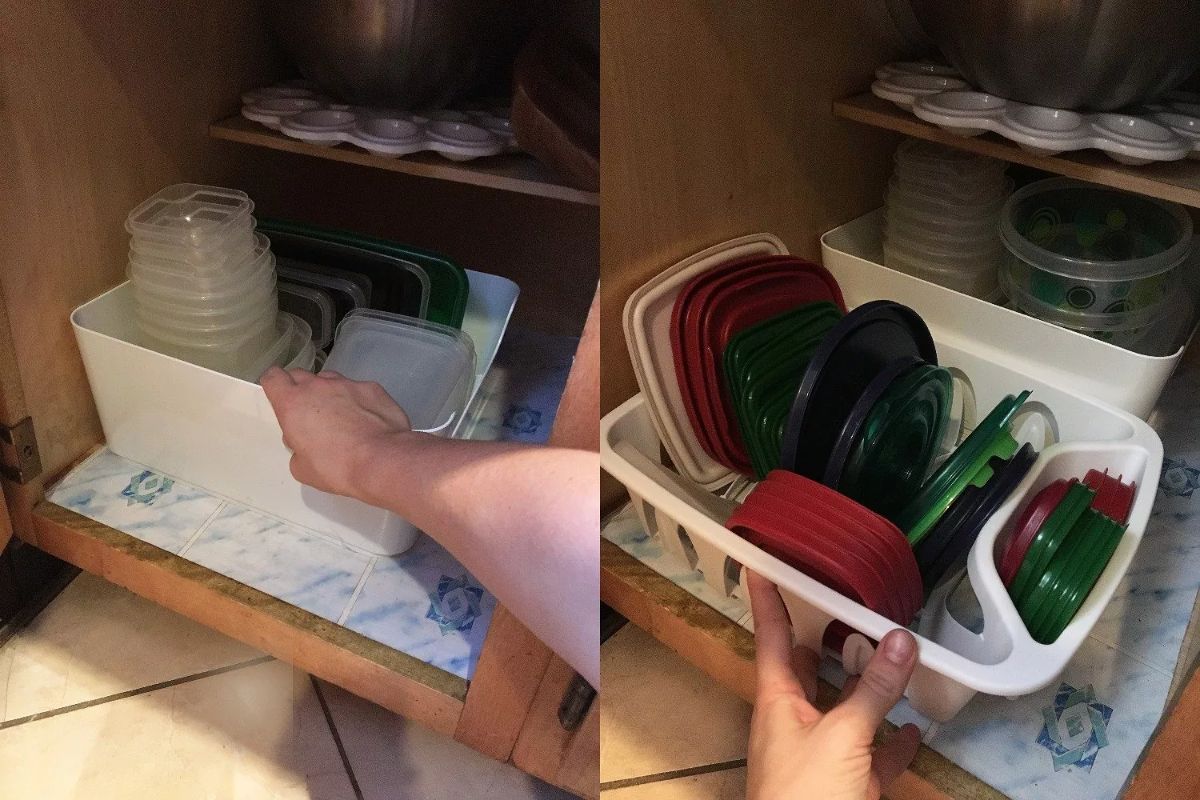 Two pictures of white baskets holding tupperware, sitting inside cupboards