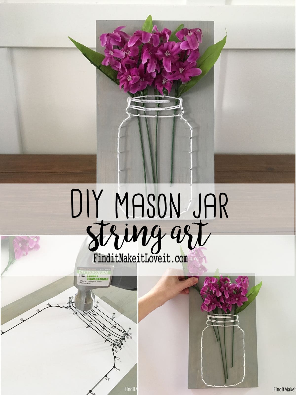 On a pale wooden board a mason jar has been plotted out in string with pink flowers coming out of the top