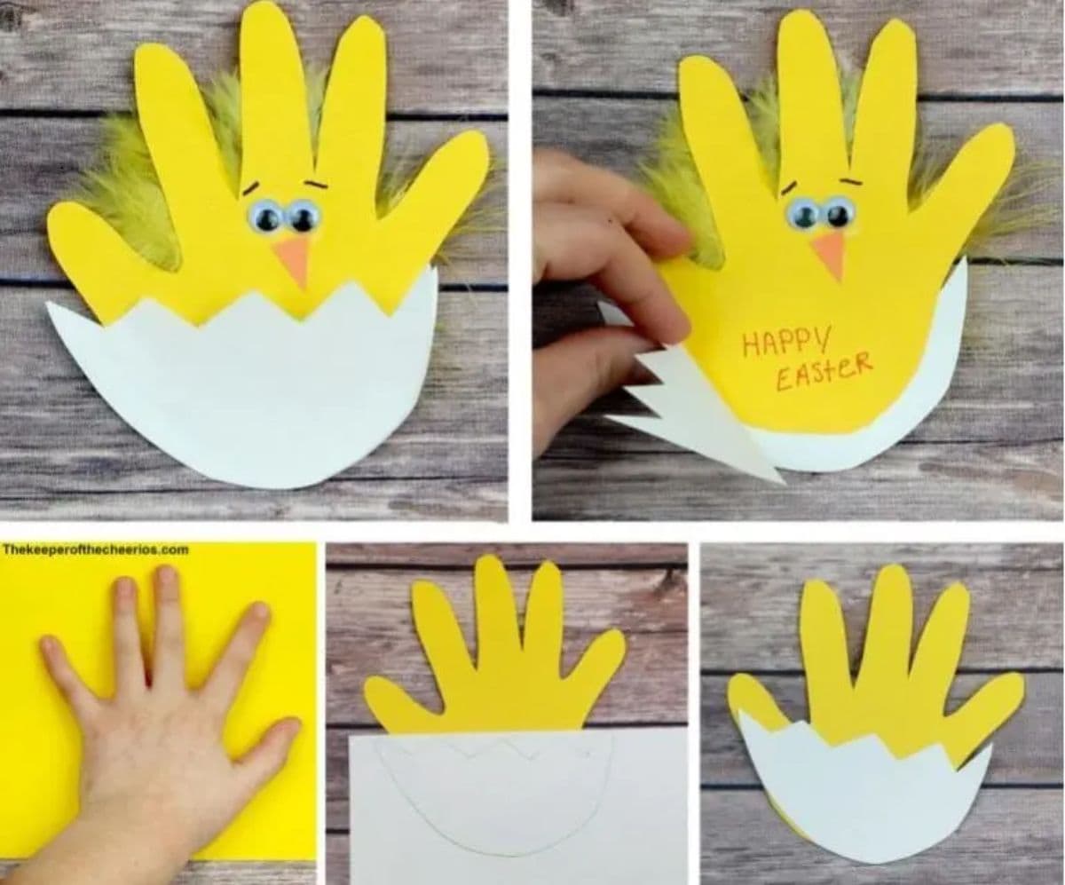 step by step instructions to make a card that looks like a chick out of a handprint on yellow card