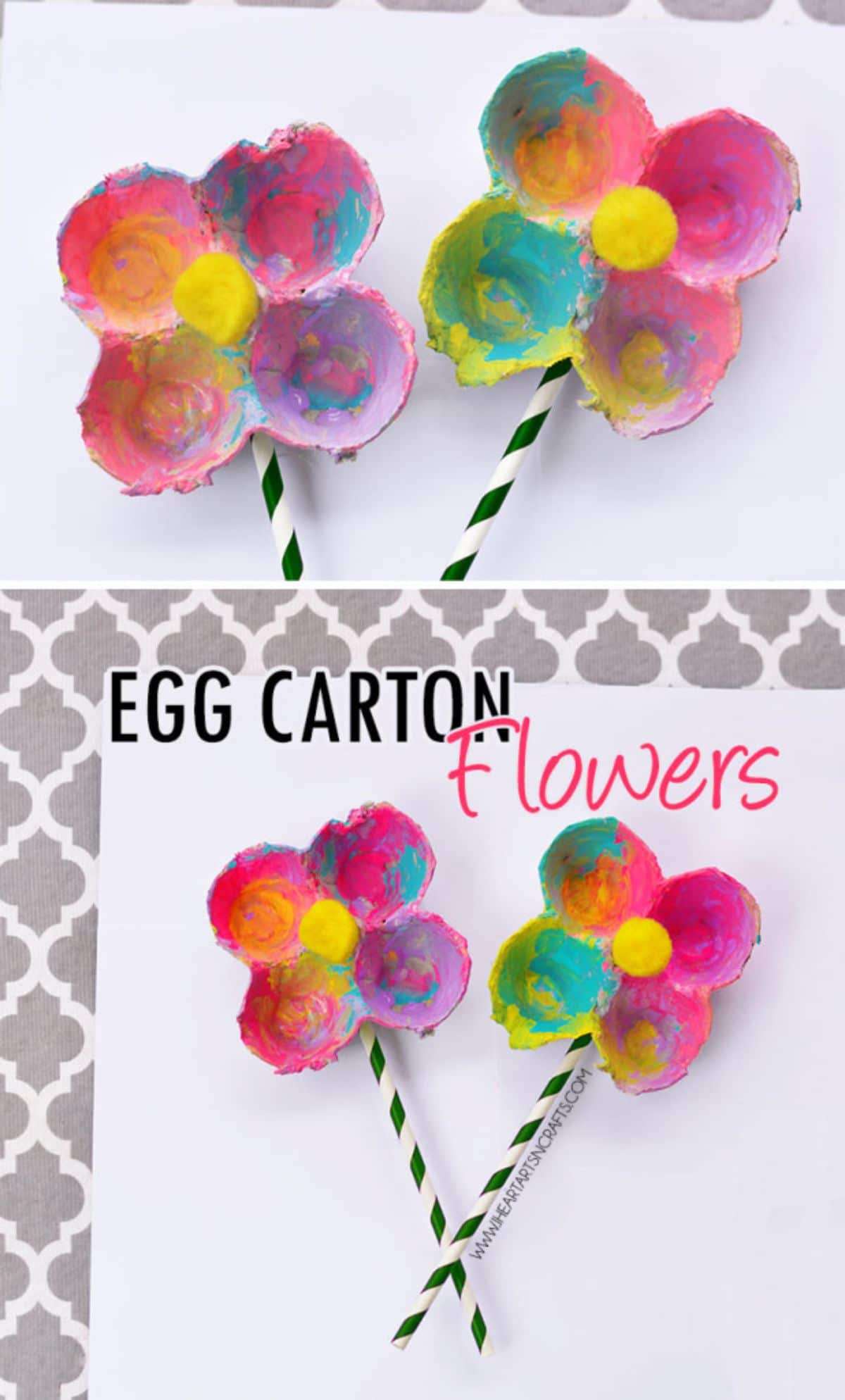 Flowers made out of 4 egg carton dips are painted and stuck onto striped pipe cleaners