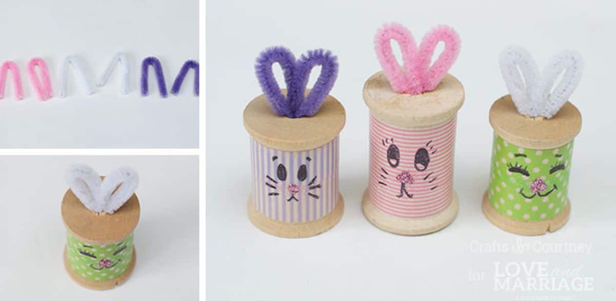 Thread spools with colored paper around them have faces painted on them and pipe cleaner ears to make them look lke rabbits