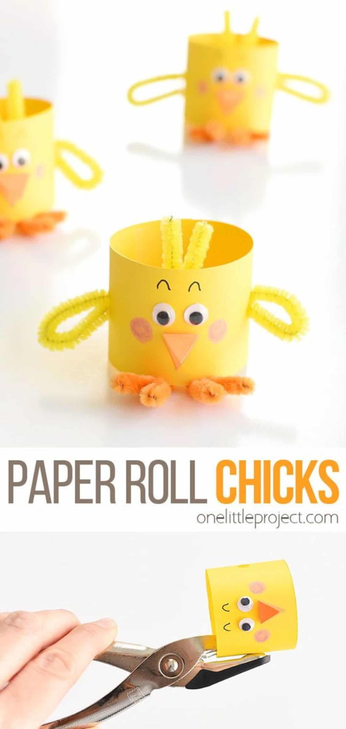 yellow chick decorations made out of paper rolls. Underneath a step in the making process
