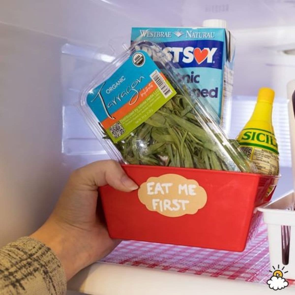 A hand reaches into a fridge and pulls out a red plastic tray with a label on the front and bags of food inside it