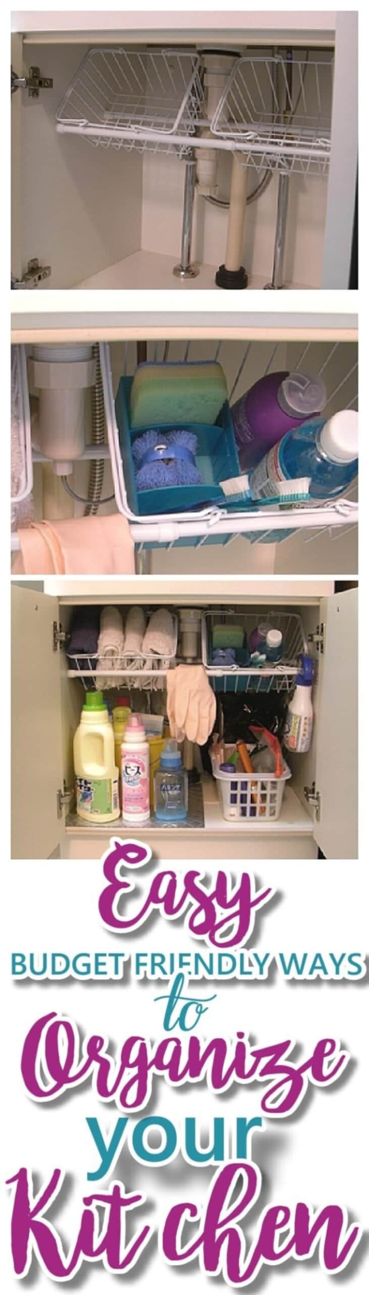 Several views of under sink cabinets with cleaning products organised in them