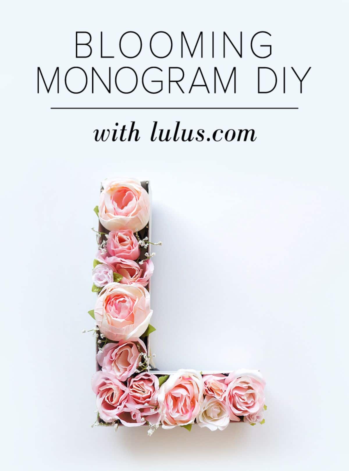 An L shaped box is filled with pink peonies on a white background