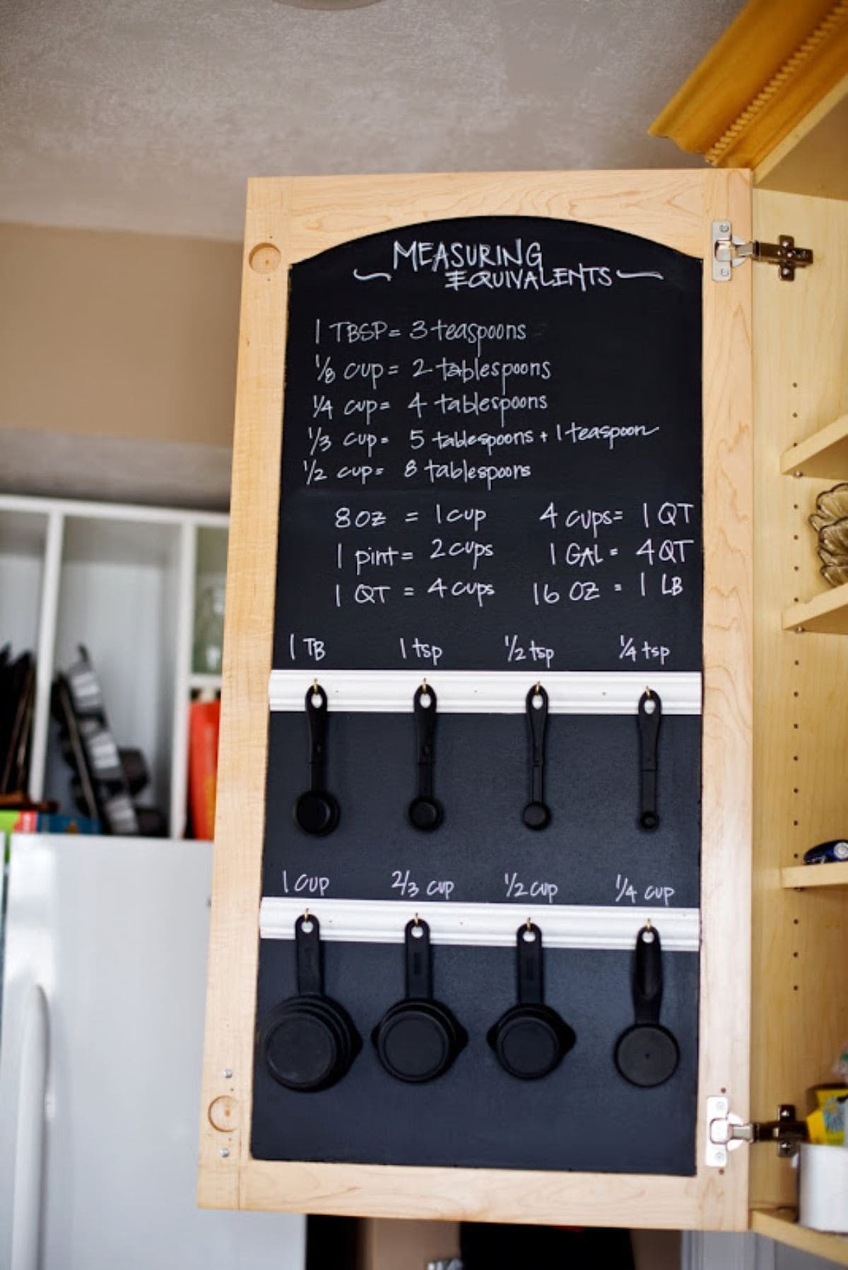 An open door of a cabinet has been painted with chalk board paint. A measurement conversion chart in chalk is written at the top and then two strips of hooks sit aong the bottom with measuring cups hanging from them