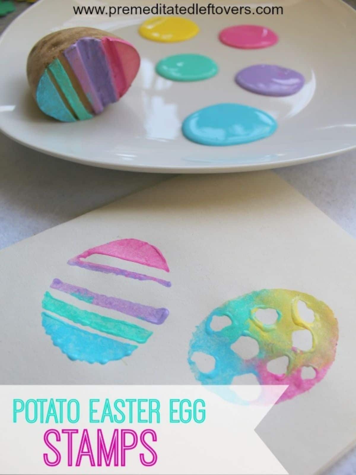 a plate with a potato cut in half with a striped pattern on the bottom sits on a plate nexxt to blobs of different colored paint. Underneath is a print of the potato deisgn on a piece of paper