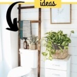 The text reads "30 DIY BAthroom Organization ideas". The photo is of a wooden ladder with towels hanging on it sitting behind a toilet.