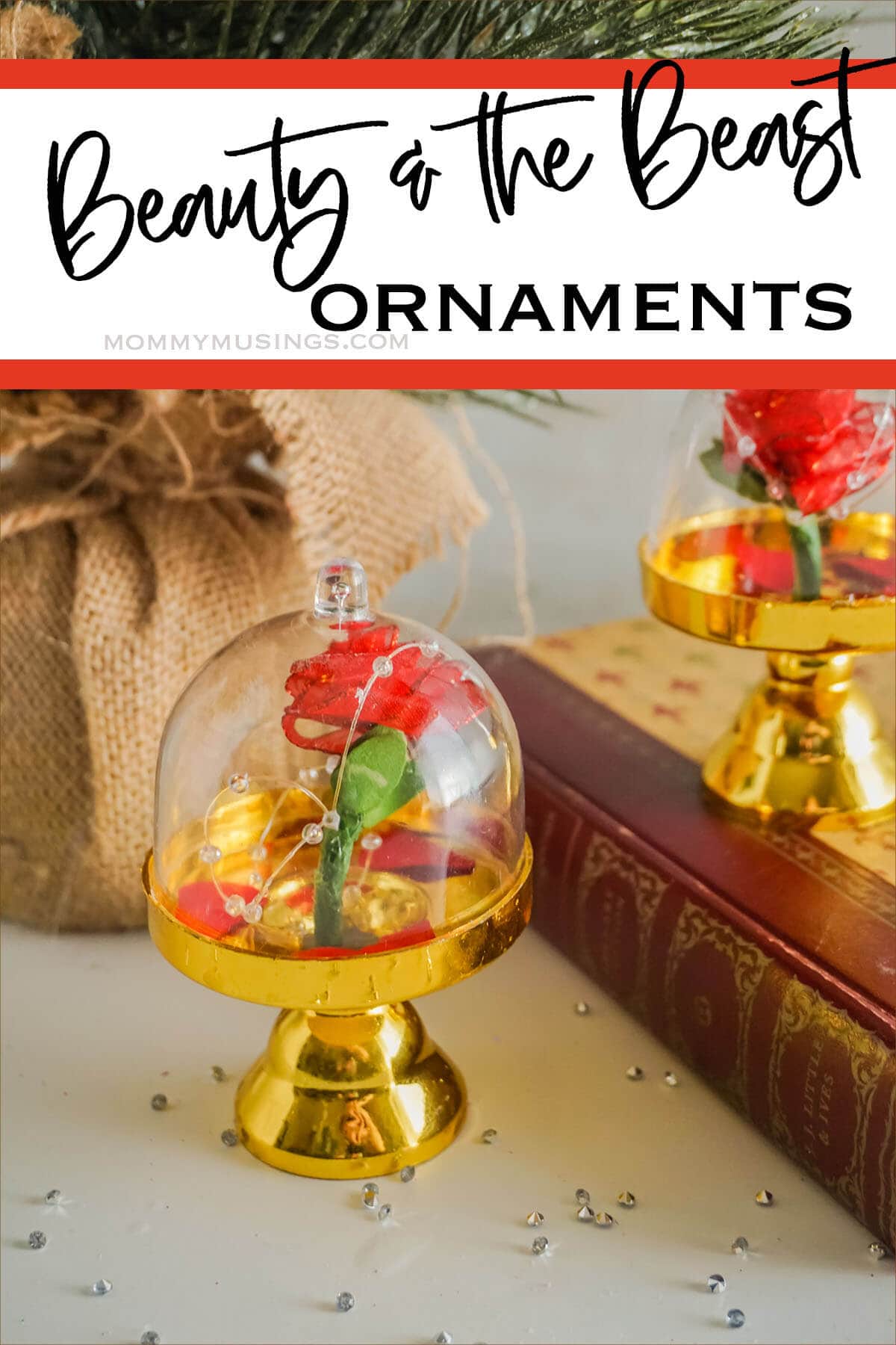 easy homemade disney inspired ornament with text which reads Beauty and the Beast Ornaments