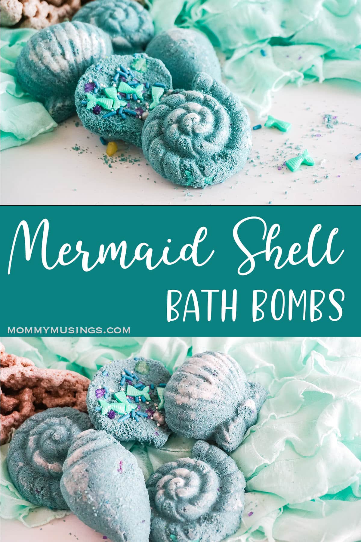 photo collage of DIY Mermaid Shell Bath Bombs with text which reads mermaid shell bath bombs