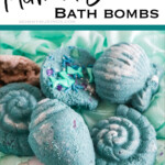 DIY Mermaid Shell Bath Bombs with text which reads mermaid shell bath bombs