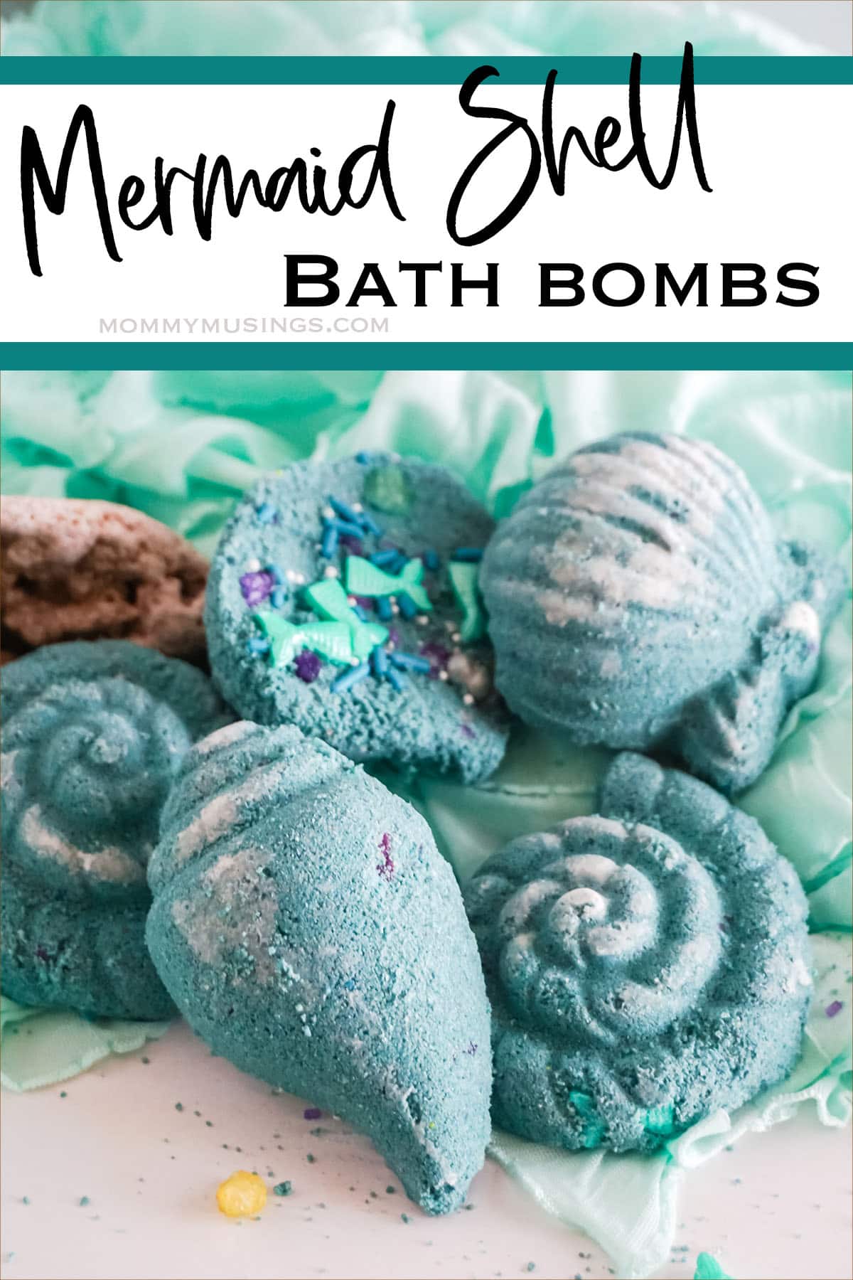 DIY Mermaid Shell Bath Bombs with text which reads mermaid shell bath bombs