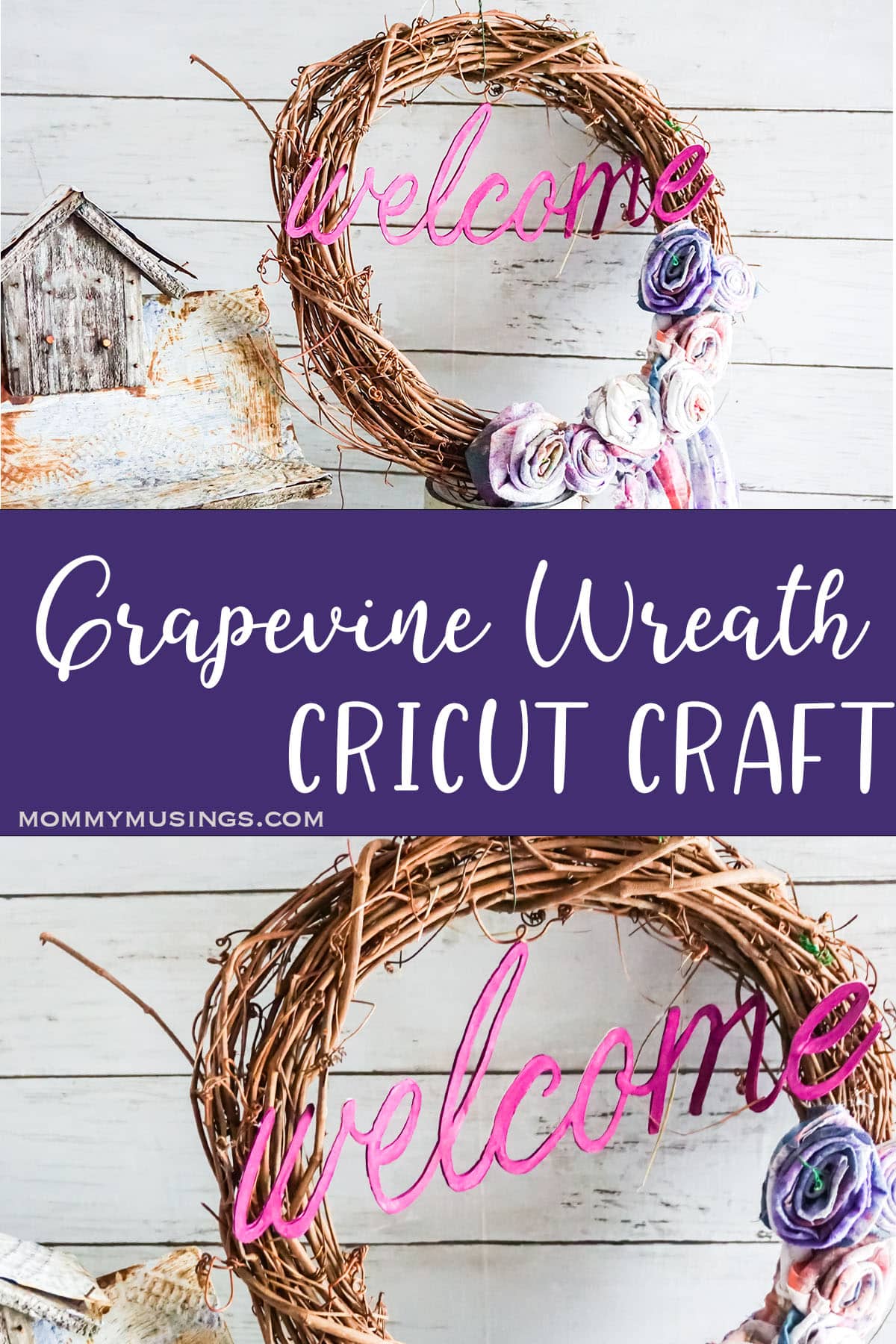 photo collage of Grapevine Wreath Cricut Craft with text which reads grapevine wreath cricut craft