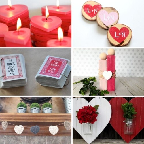 6 images: red heart shaped candles lit with a flame, 2 card sized books with teh text "52 things I love about you", a wooden mantel with a yarn heart garland hanging in from it, 3 wood slice coasters with hearts and initials on them, a wooden ornament of 2 people in white and pink tied together with twine and a heart, 2 wooden hearts, one red and one white, with mason jars on the front filled with flowers.