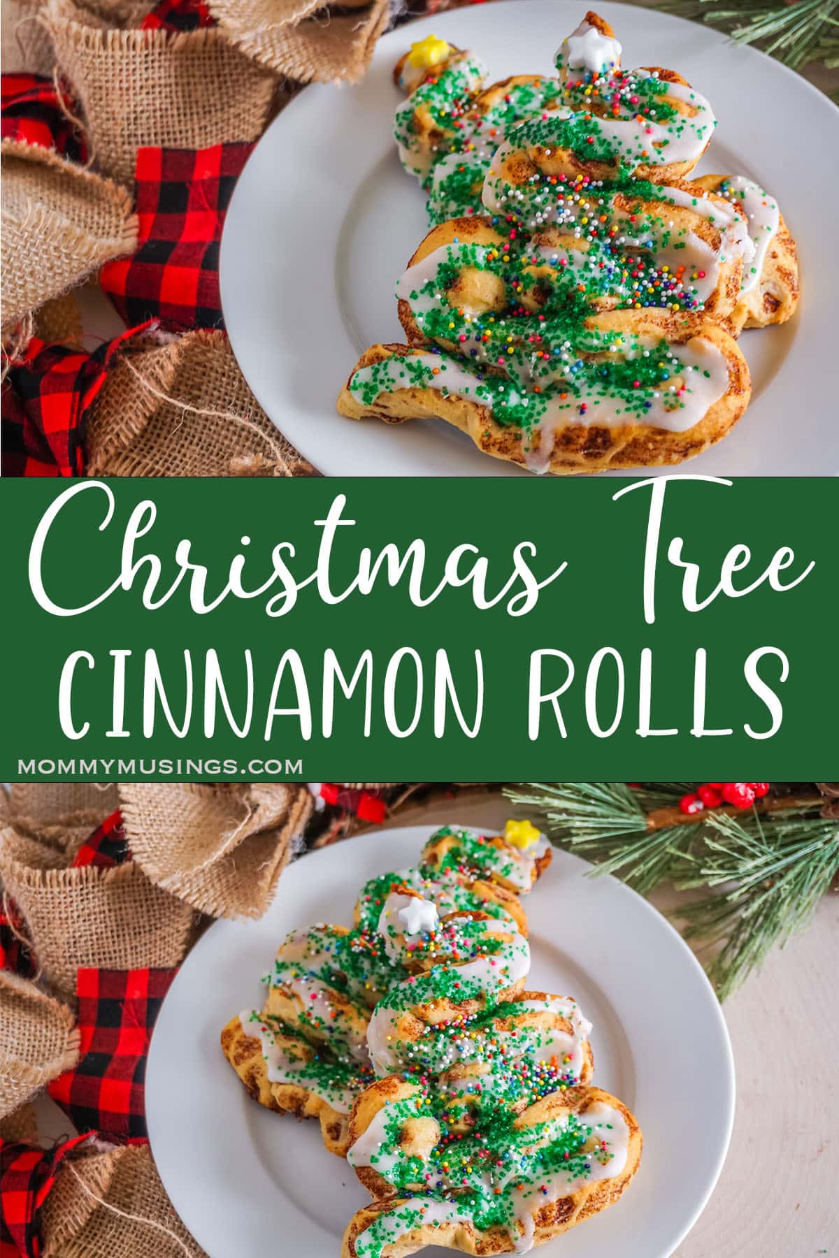 photo collage of christmas tree cinnamon rolls with text which reads christmas tree cinnamon rolls