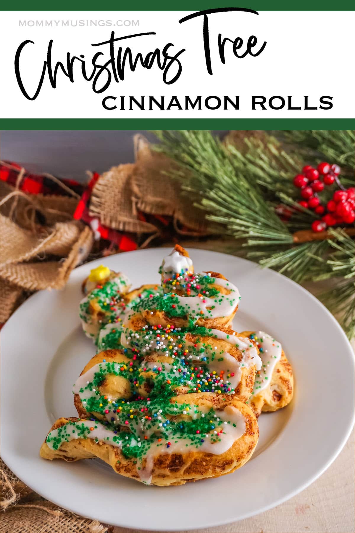 christmas tree cinnamon rolls with text which reads christmas tree cinnamon rolls