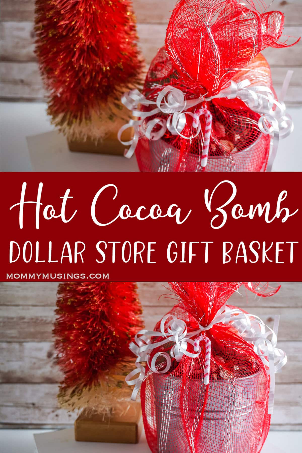 photo collage of dollar tree hot cocoa bomb neighbor gift with text which reads hot cocoa bomb dollar store gift basket