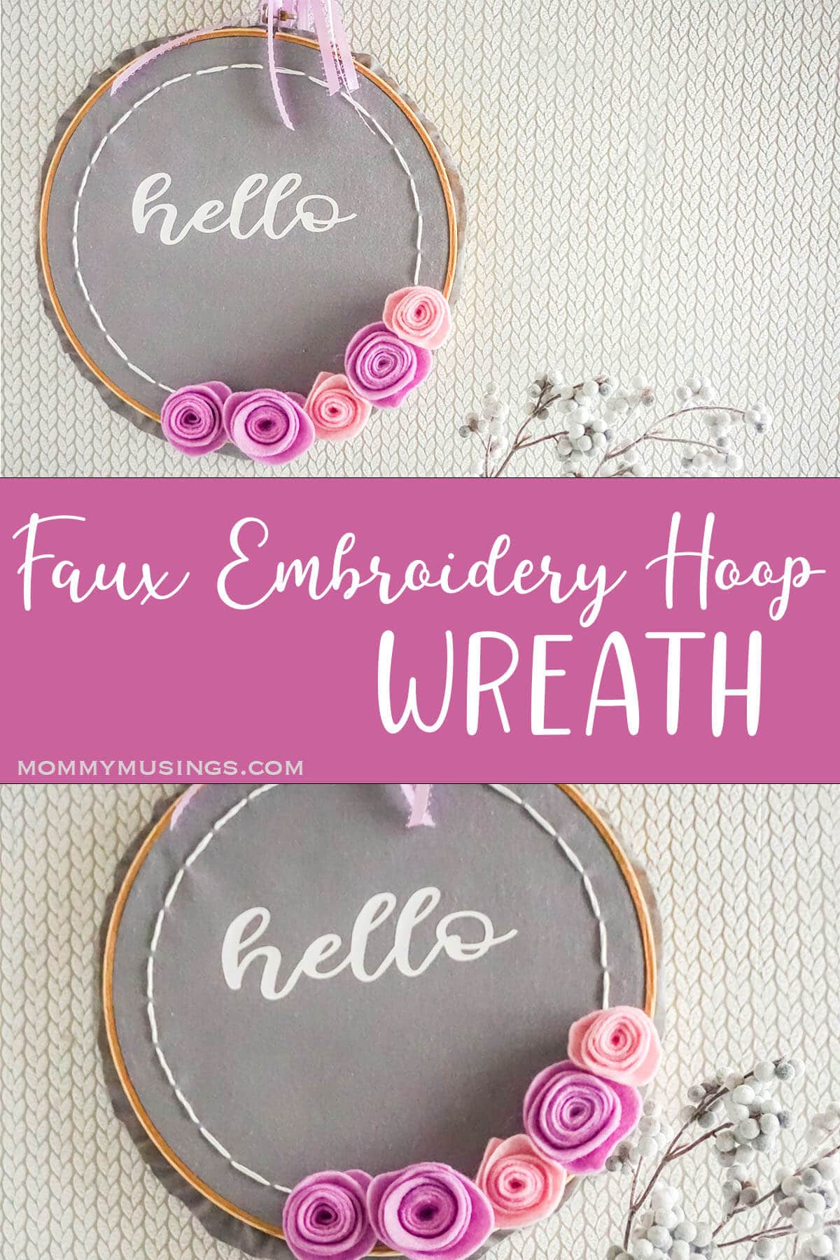 photo collage of easy embroidery hoop wreath craft for spring with text which reads faux embroidery hoop wreath