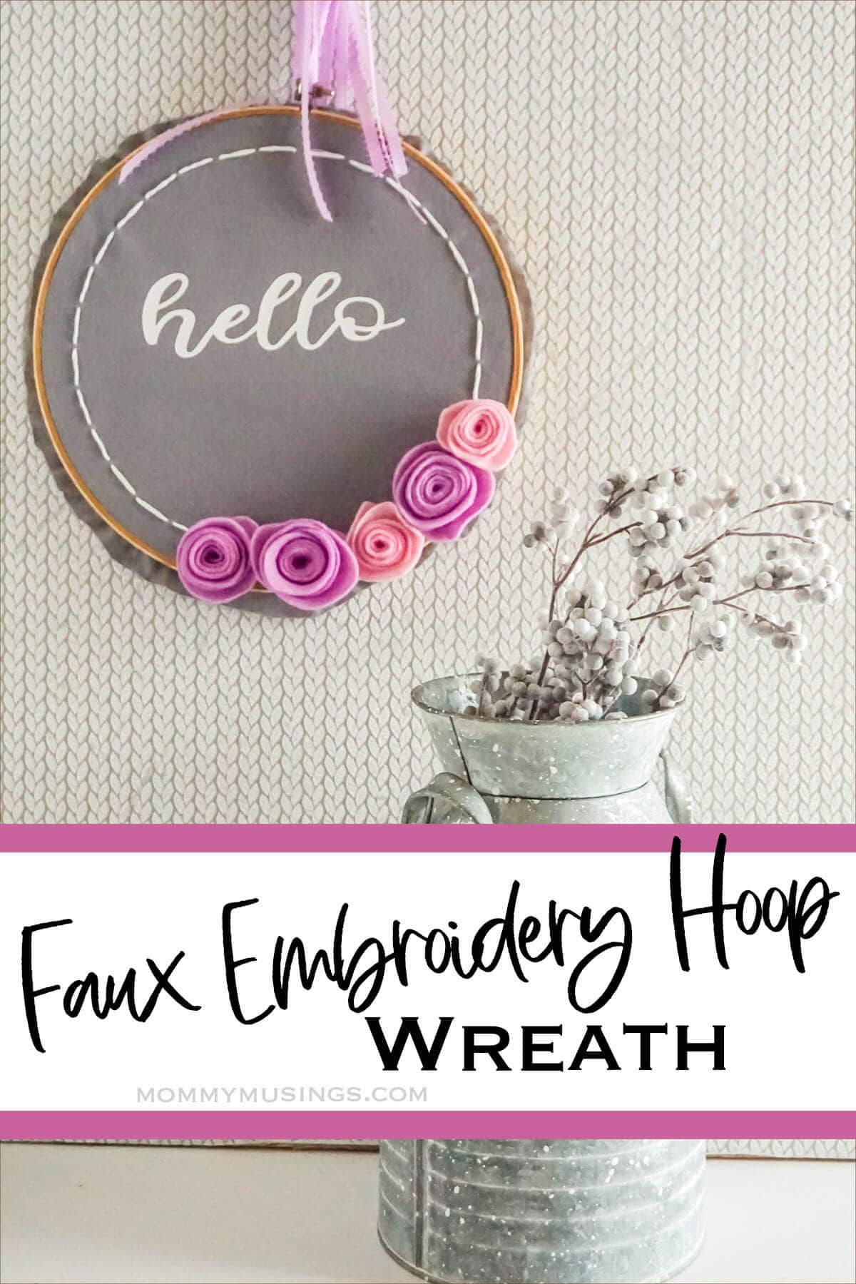 easy cricut craft wreath idea with text which reads faux embroidery hoop wreath