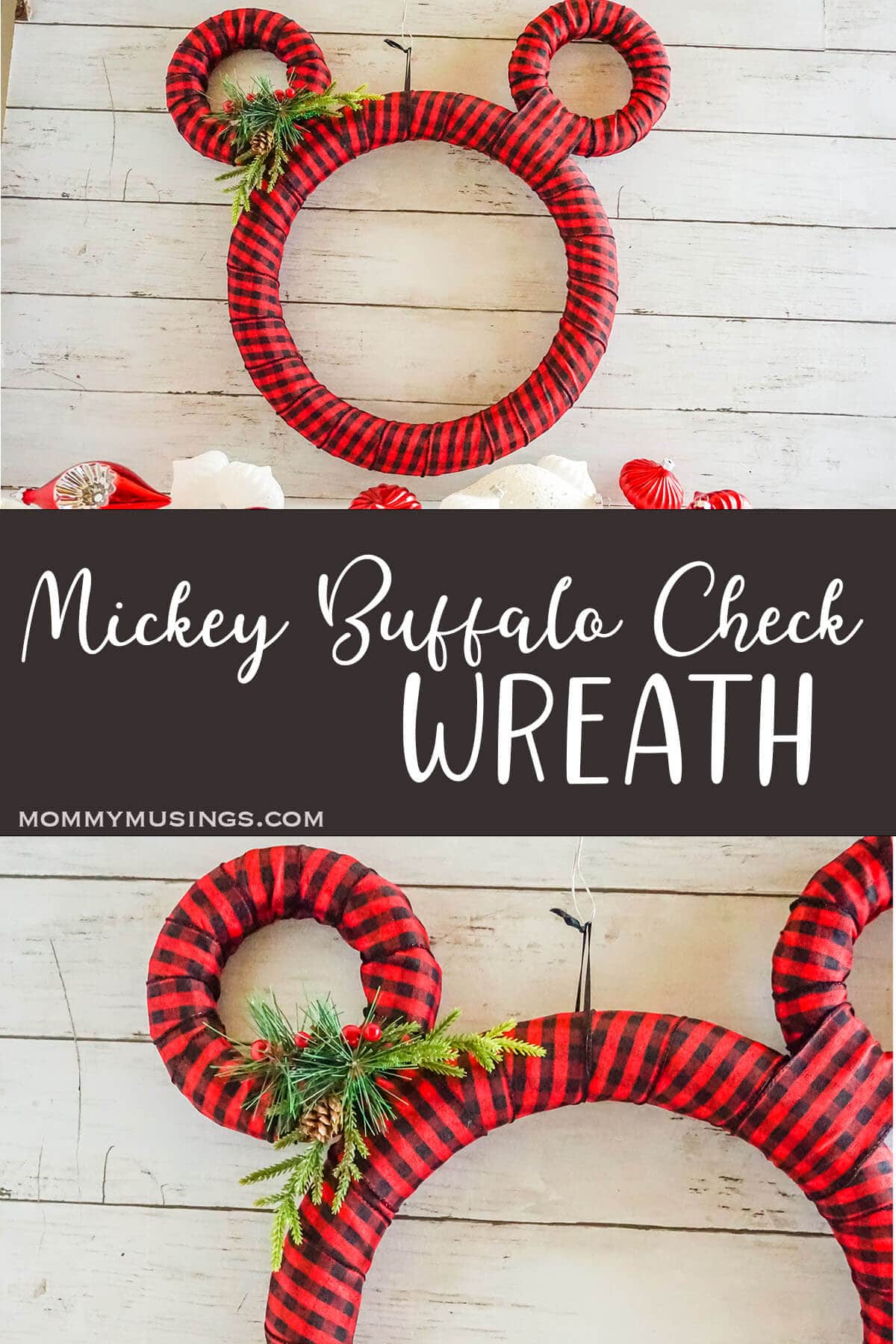 photo collage of easy wrapped ribbon wreath with mickey ears with text which reads mickey buffalo check wreath