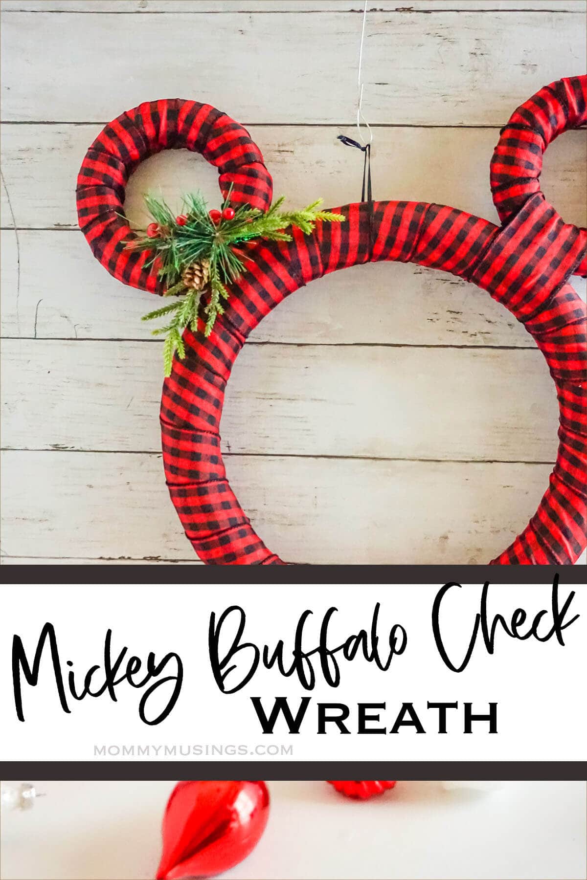 easy disney inspired winter wreath with text which reads mickey buffalo check wreath