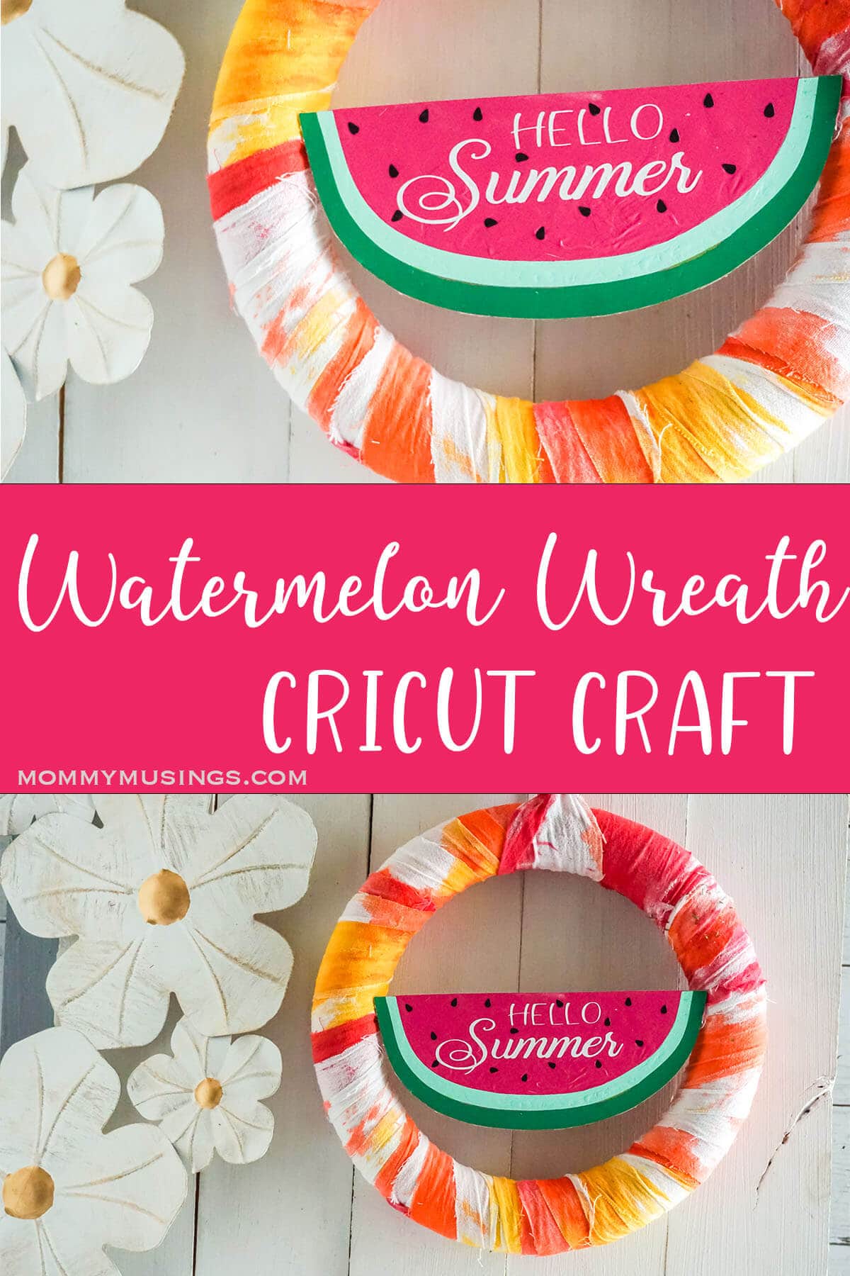 photo collage of summer watermelon wreath with text which reads watermelon wreath cricut craft 