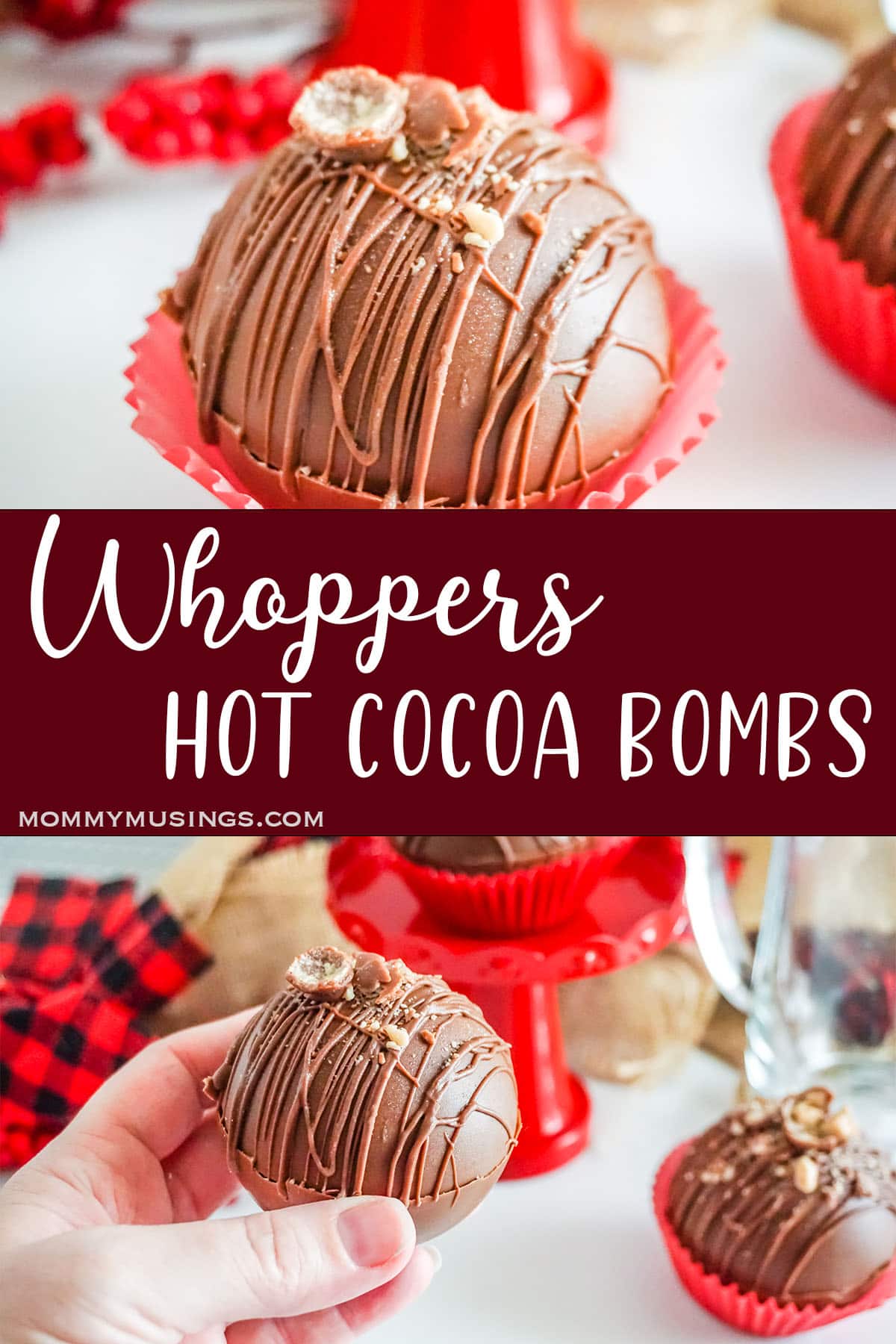 photo collage tutorial of Whoppers Hot cocoa Bombs whihc reads Whoppers Hot cocoa Bombs