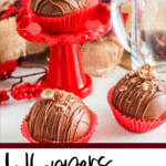 hot chocolate bombs with candy on top with text which reads Whoppers Hot cocoa Bombs