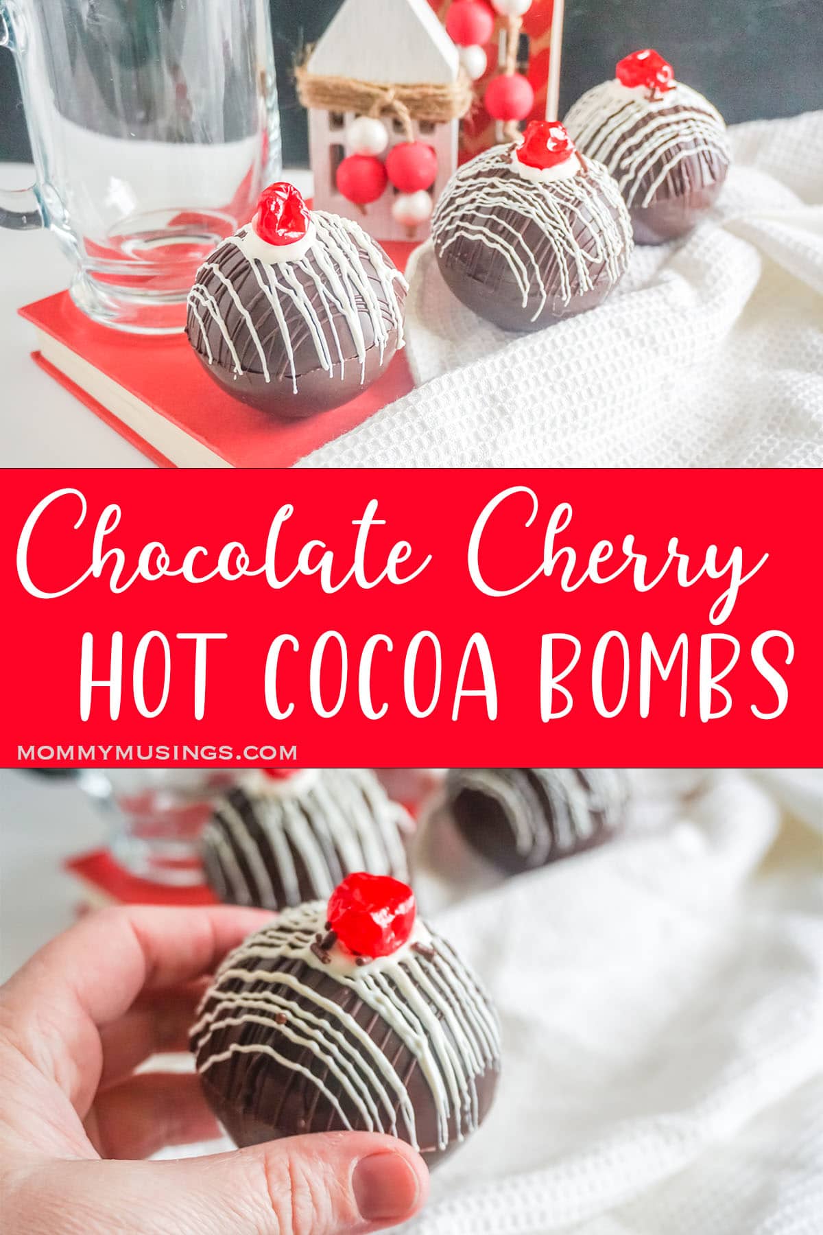 photo collage of easy cherry filled hot chocolate bombs with text which reads chocolate cherry hot cocoa bombs 
