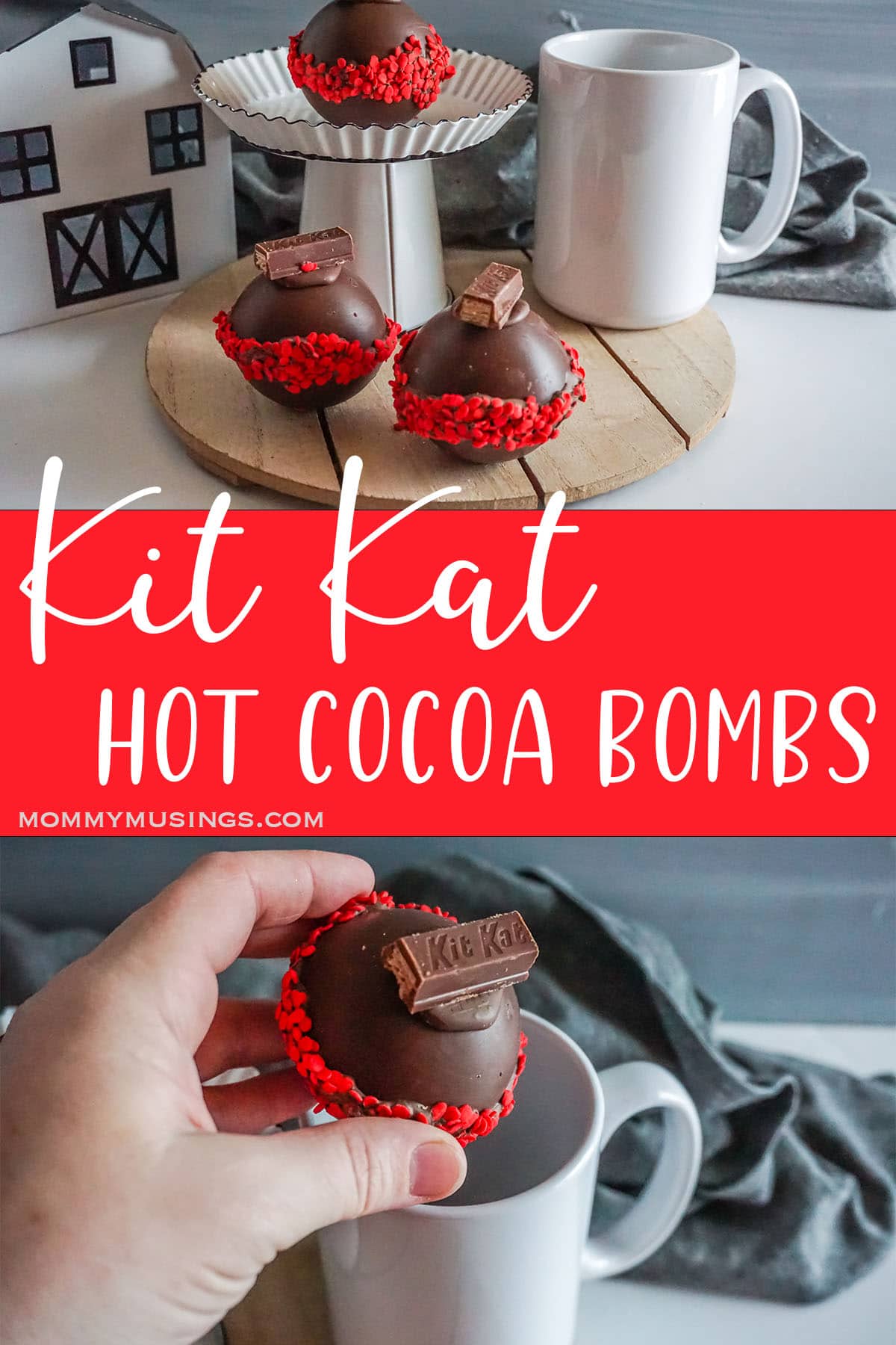 photo collage of candy-topped hot cocoa bombs with text which reads kit kat hot cocoa bombs