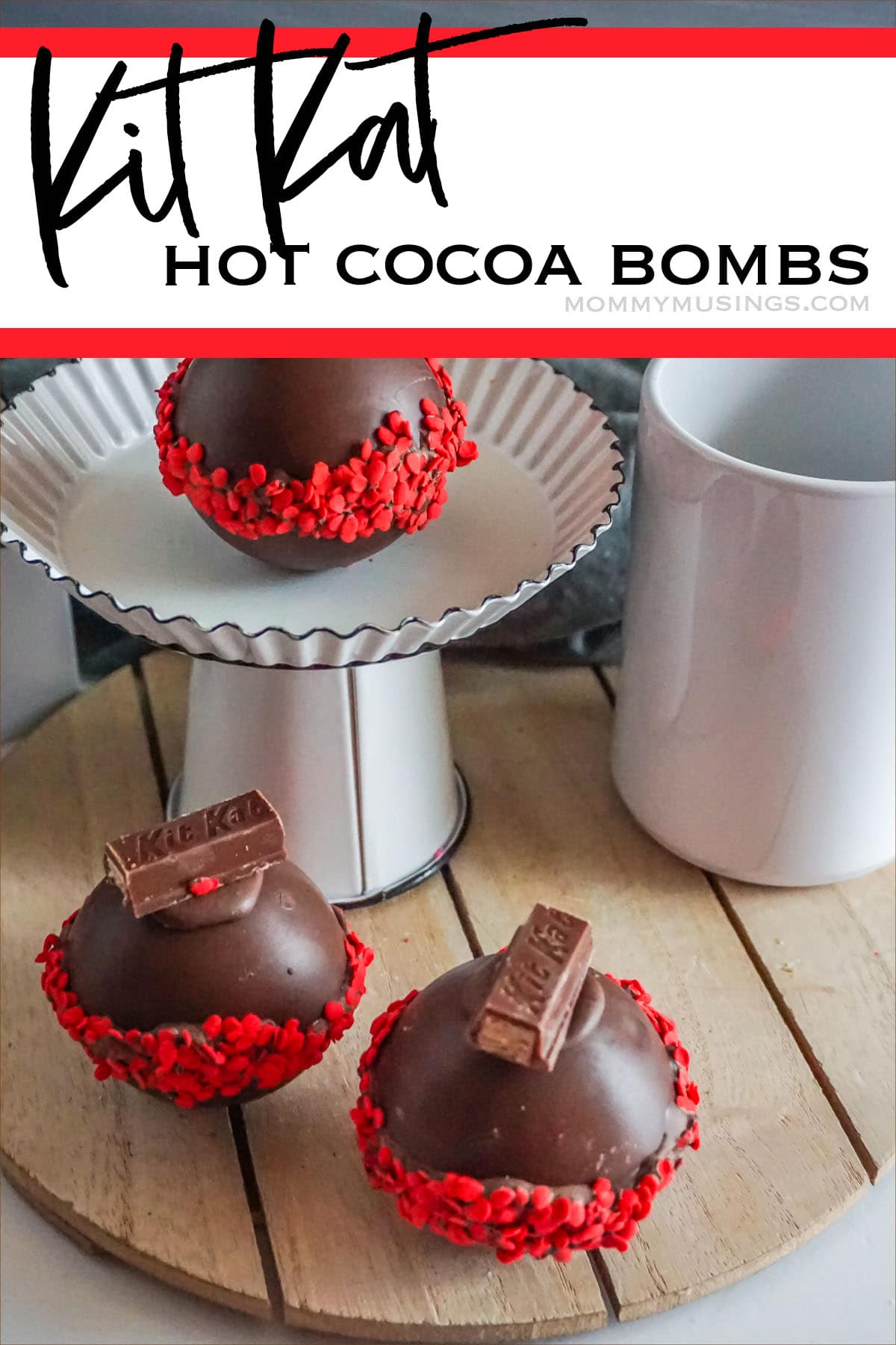 easy hot chocolate bomb recipe with text which reads kit kat hot cocoa bombs