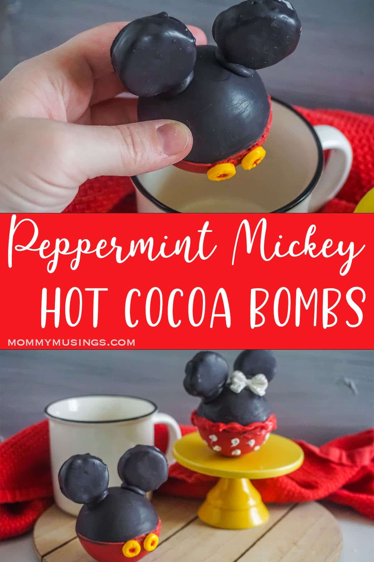 photo collage of peppermint mickey and minnie hot cocoa bombs with text which reads peppermint mickey hot cocoa bombs