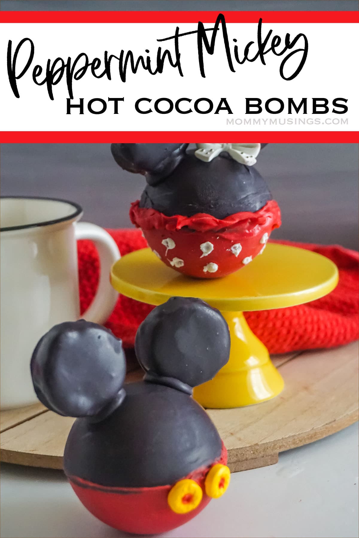 peppermint flavored hot cocoa bombs with mickey ears with text which reads peppermint mickey hot cocoa bombs