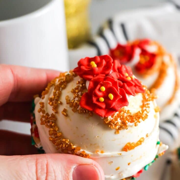 hand holding poinsettia hot cocoa bombs