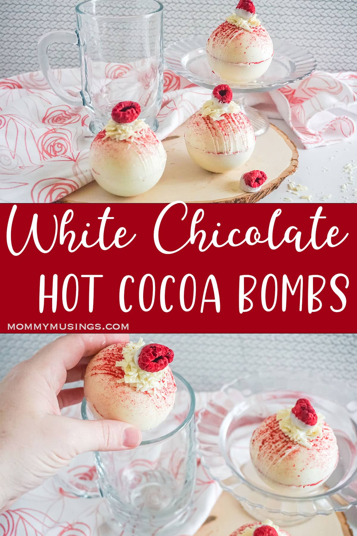 photo collage of easy hot cocoa bombs with white chocolate and raspberry flavor with text which reads white chocolate hot cocoa bombs