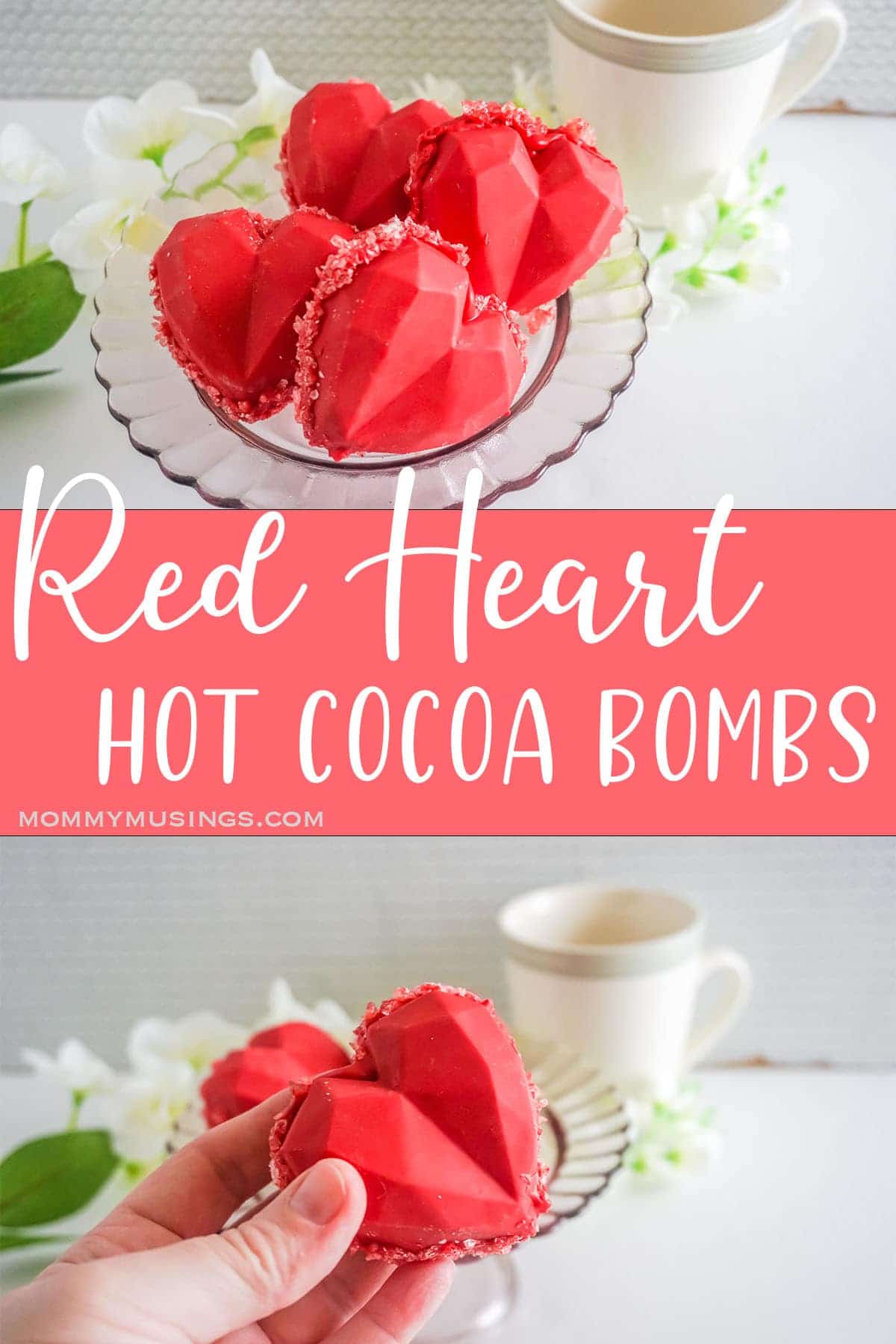 photo collage of heart shaped hot cocoa bombs with text which reads Red Heart Hot Cocoa Bombs