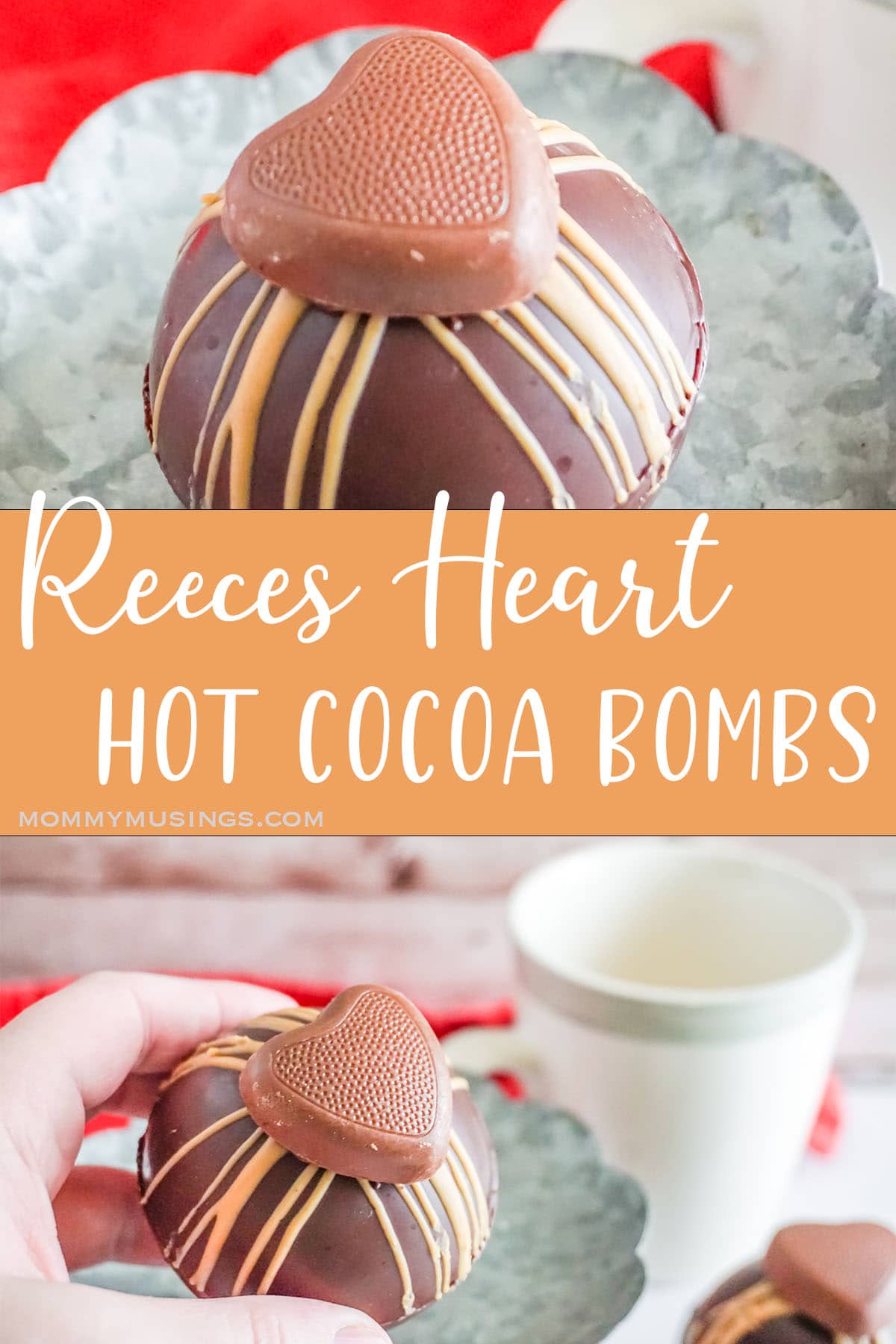 photo collage of reeces heart hot cocoa bombs with text which reads reeces' heart hot cocoa bombs