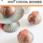 reeces hot cocoa bombs with text which reads reeces heart hot cocoa bombs