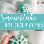 photo collage of snowflake shaped hot chocolate bombs with text which reads snowflake hot cocoa bombs