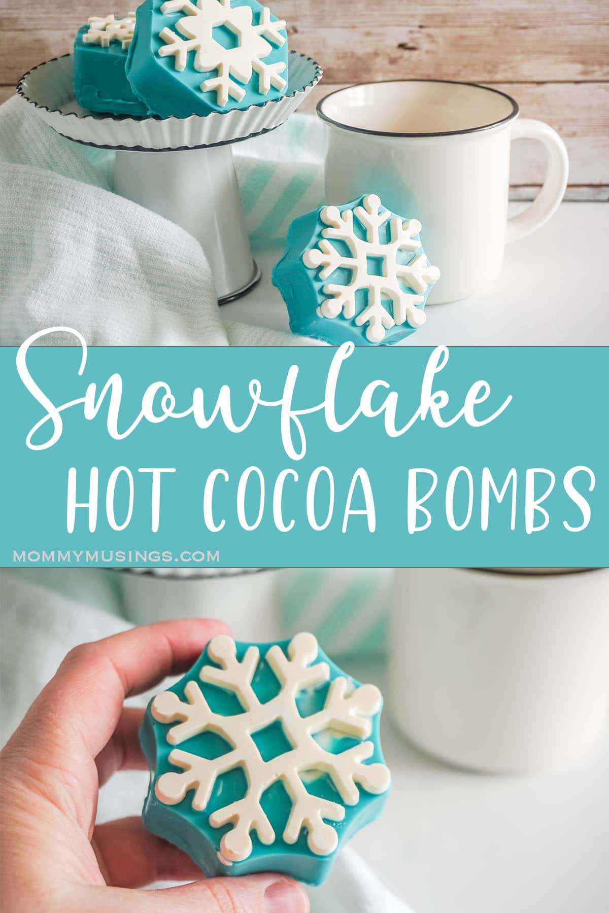 photo collage of snowflake shaped hot chocolate bombs with text which reads snowflake hot cocoa bombs 