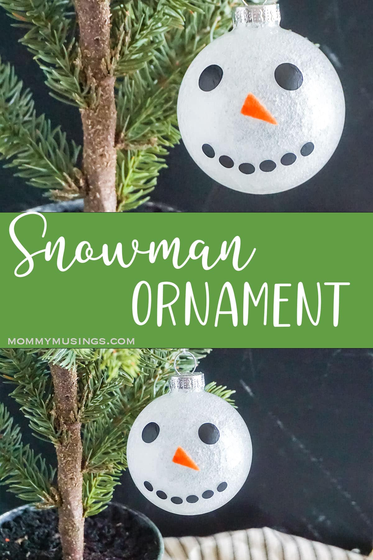 photo collage of DIY christmas ornament with text which reads snowman ornament