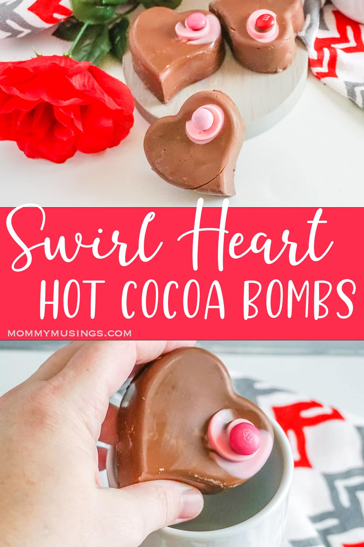 photo collage of heart shaped hot chocolate bombs with text which reads swirl heart hot cocoa bombs