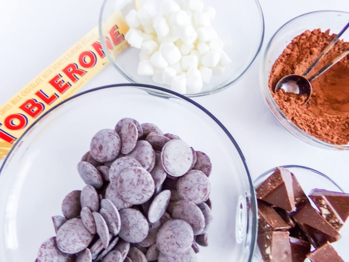 ingredients to make toblerone hot cocoa bombs