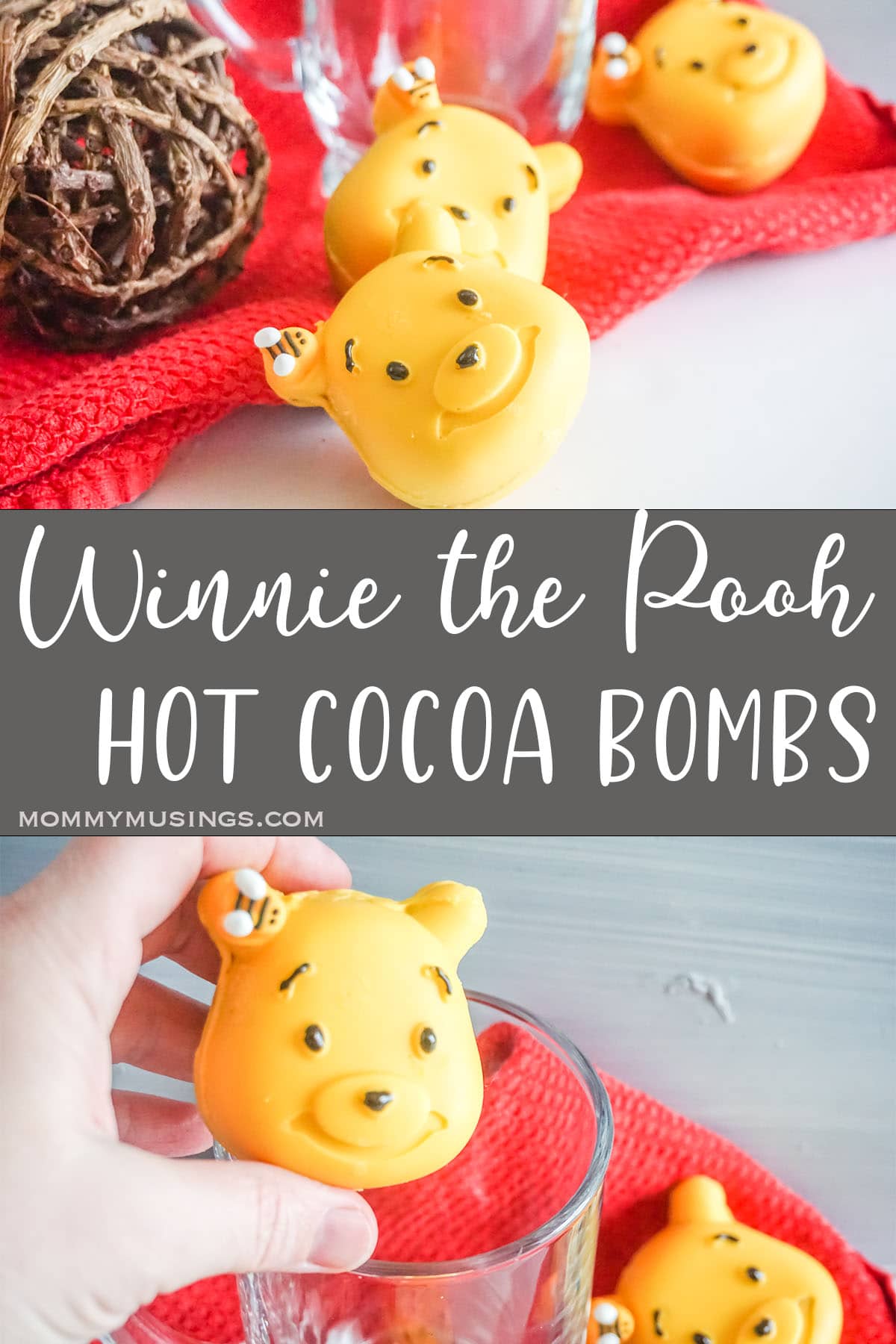 photo collage of pooh bear hot chocolate bombs with text which reads winnie the pooh hot cocoa bombs 