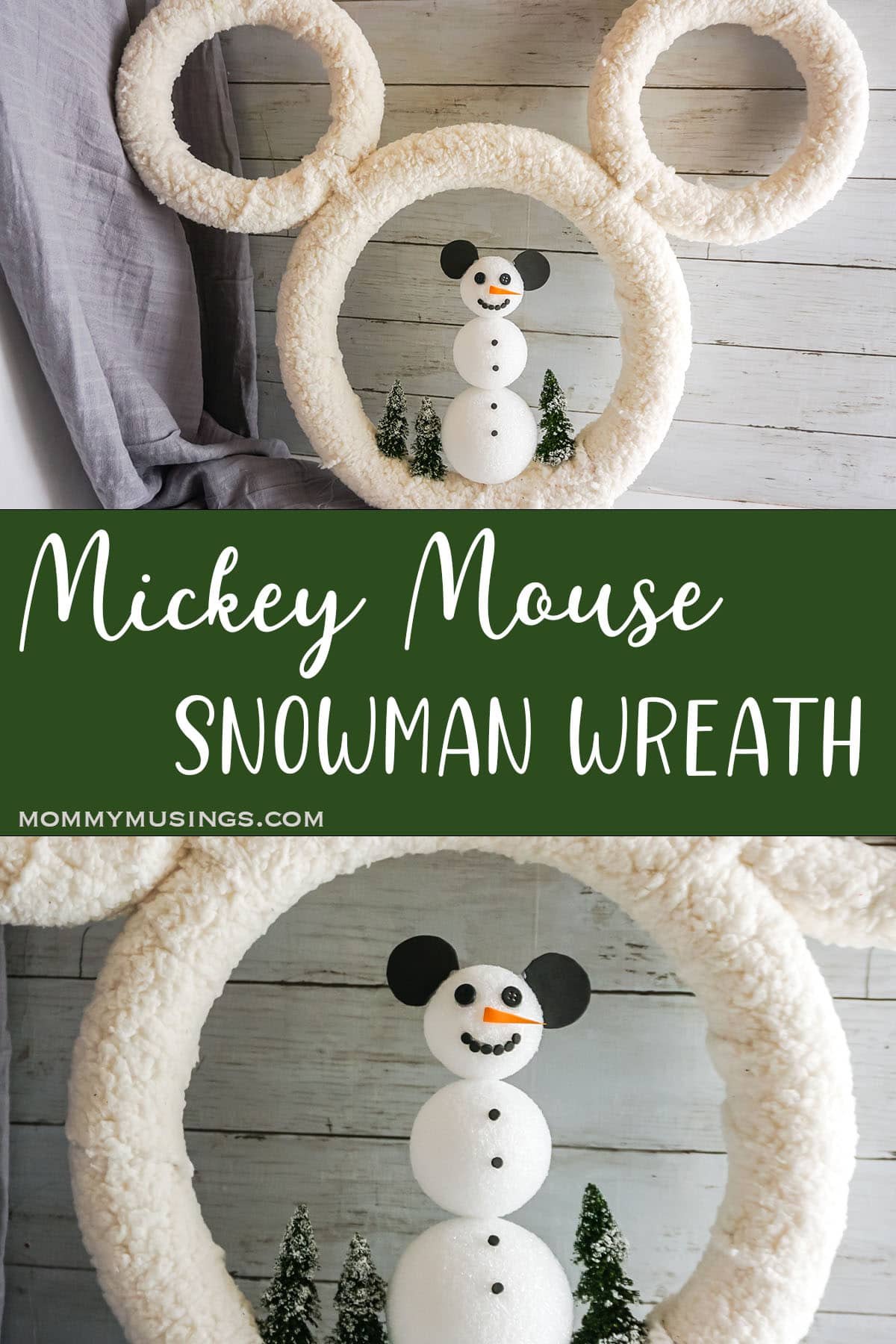 photo collage of Mickey snowman wreath with text which reads Mickey mouse snowman wreath