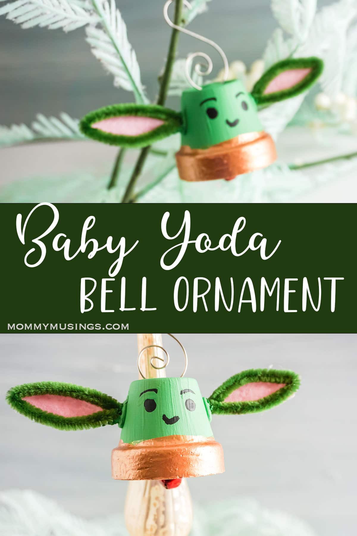 photo collage of diy baby yoda christmas ornament with text which reads baby yoda bell ornament