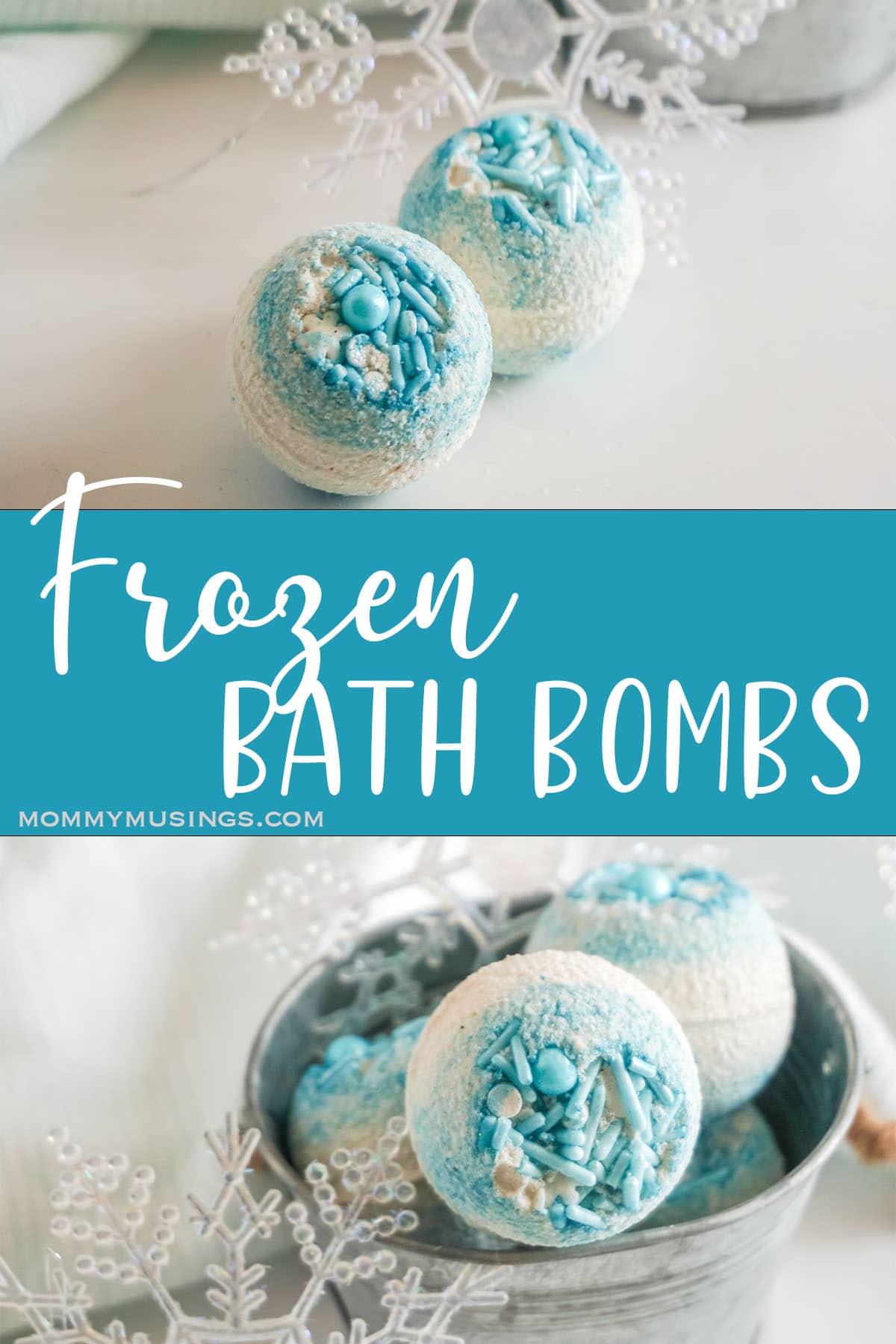 photo collage of easy winter bath bomb recipe with text which reads frozen bath bombs